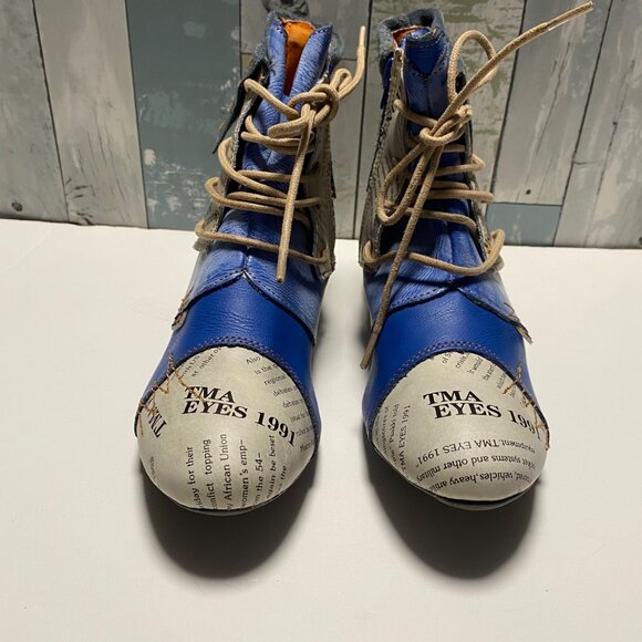 Unique Newspaper Print & Blue PU Leather Ankle Boots Size 9 - Picture 7 of 11